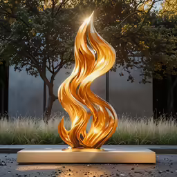 the golden sculpture is lit in a park