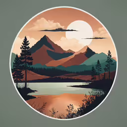 the painting shows the mountains and lake in a circle,the mountains are in the distance behind the lake