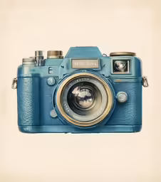 a blue camera has the word fuji on the lens