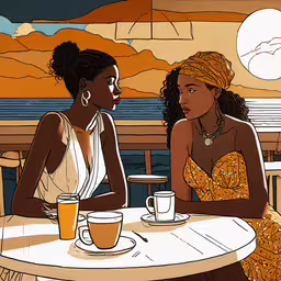 two women sitting at a table in front of a window,two women talk at an outdoor table with cups and coffee