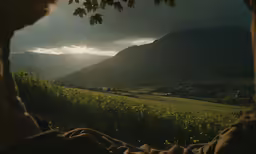 a view of mountains and fields from the inside of an arch