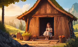 a young girl sitting in a wooden cabin,a young girl in an outdoor wooden house looking at her phone