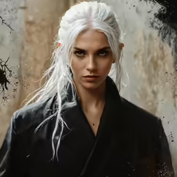 a woman with white hair and makeup looks at the camera