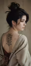 a young woman has a tattoo on her back
