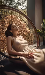a beautiful woman sitting in a wooden chair on the ground
