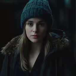 a woman in a black coat and blue hat