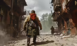 the man with his backpack is walking down the street