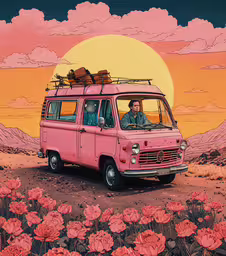 there is a pink van with a roof rack sitting in the middle of flowers,a van with a person sitting in it in the background and flowers and mountains