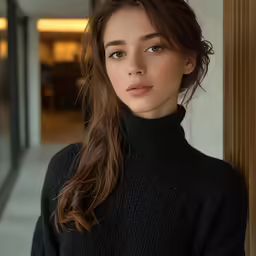 a girl with freckled hair is standing in a hallway