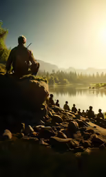 a person sitting on a rock looking out over water