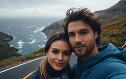 a man and woman pose for a photo on the side of a mountain