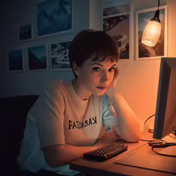 a young woman with short hair looks into the camera at a computer