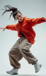 the woman in red shirt is skating with her hair flowing through the air