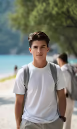 a man walks on the beach wearing a backpack