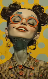 a collage of an image of a woman with orange glasses