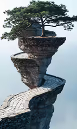 an unusual, twisting rock formation with trees at the top