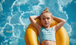 the young girl is on the float in the pool