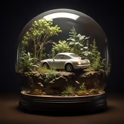 car with headlights parked inside a small display
