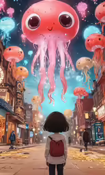 a young child stands under an floating jellyfish