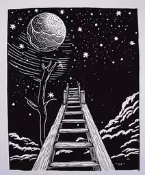 a print of a stair going up to the moon,a linusue - drawing of stairs leading to a moon