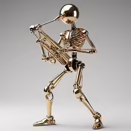 a gold skeleton is holding the camera in its hand