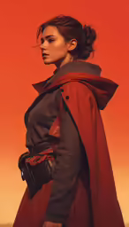 woman in trenchcoat on red background