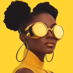 a woman with circular yellow eye glasses