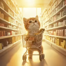 a small orange cat sitting in a grocery cart in a store aisle