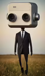 a dummy of a business man with an old fashioned camera