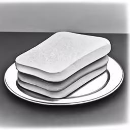 a plate is stacked with three rectangular breads