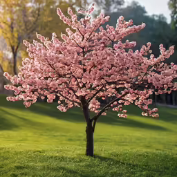 a pink tree in the middle of grass