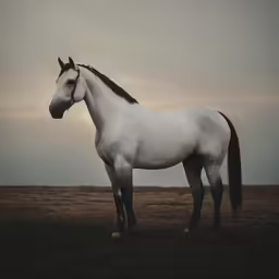 a white horse is standing on an empty field