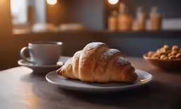 an croissant and coffee cup with some other breakfast items on a table