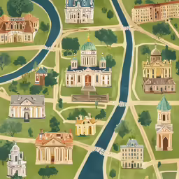 a map showing different buildings in the middle of town