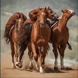 three brown horses with black manes are running
