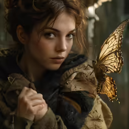 a beautiful young woman with long hair holding onto a butterfly