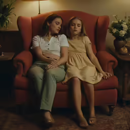 two women sitting in a chair together on the floor
