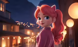 a girl in a purple outfit is looking over her shoulder
