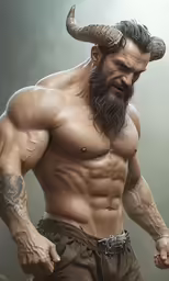 a man with a goat head and long horns in a gym
