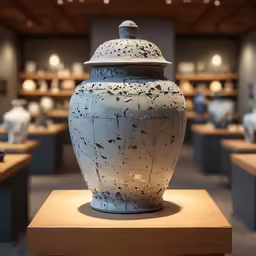 a vase sits on a wooden table in the store