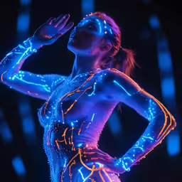 a woman in blue glows while standing up