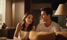 a man and a woman sitting together with coffee and a lamp