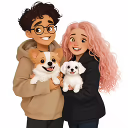 a couple standing next to each other holding two dogs
