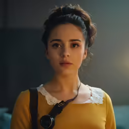 a young woman with glasses wearing a camera