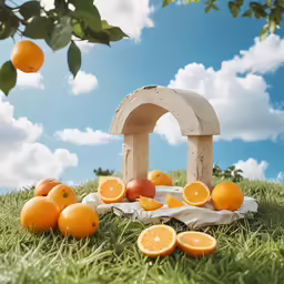a collection of tangerines sitting on the ground with an arch