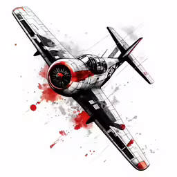 a fighter plane is painted in red and black ink