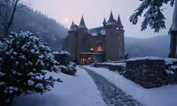a large castle like structure surrounded by trees with snow