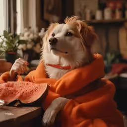 a dog sitting on a table with a piece of watermelon