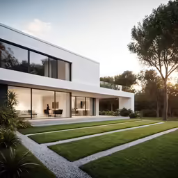 a very nice modern home with grass