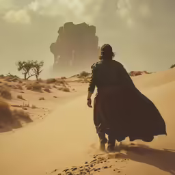 a man walking across sand covered ground in front of an animal